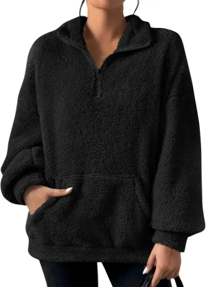 Quarter Zip Pullover Women Fuzzy Fleece Half Zip Pullover Sweatshirts Cozy Fluffy Sherpa Lined Hoodie with Pockets