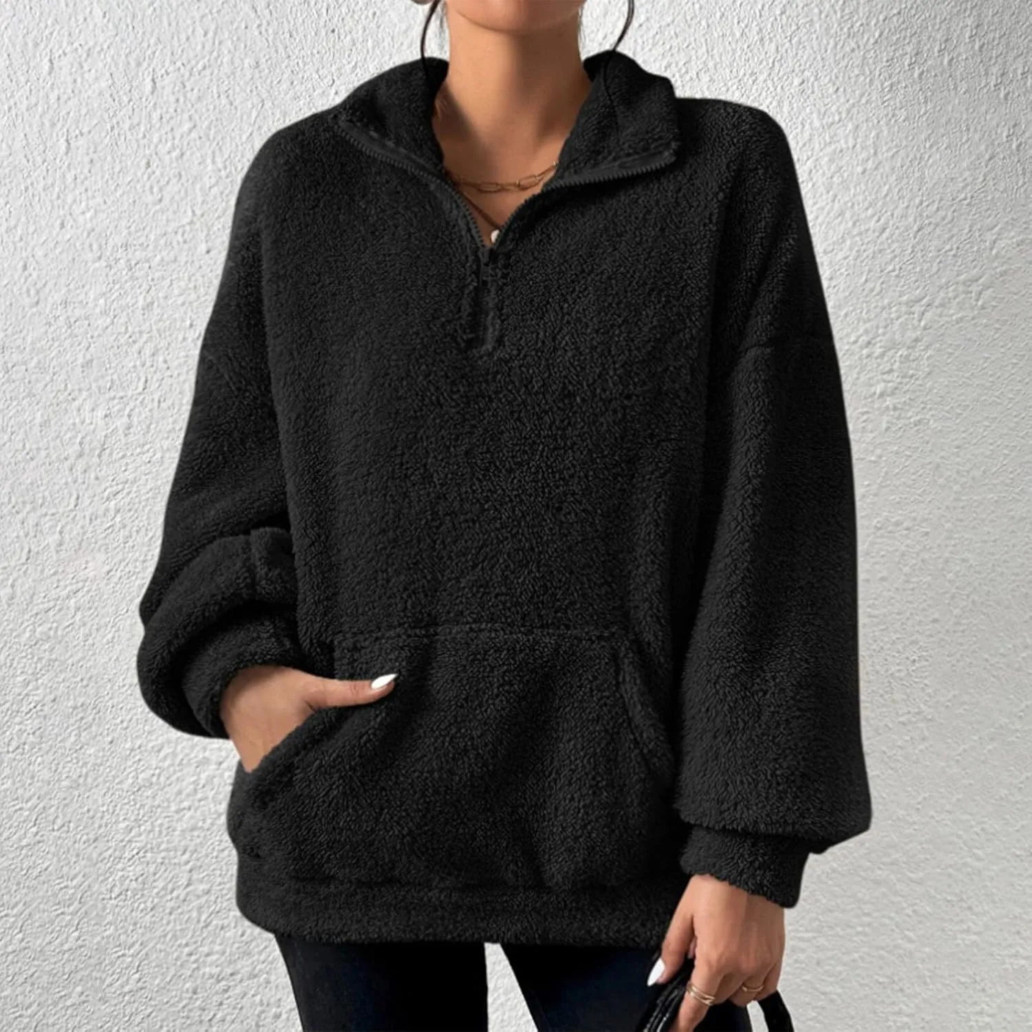 Quarter Zip Pullover Women Fuzzy Fleece Half Zip Pullover Sweatshirts Cozy Fluffy Sherpa Lined Hoodie with Pockets