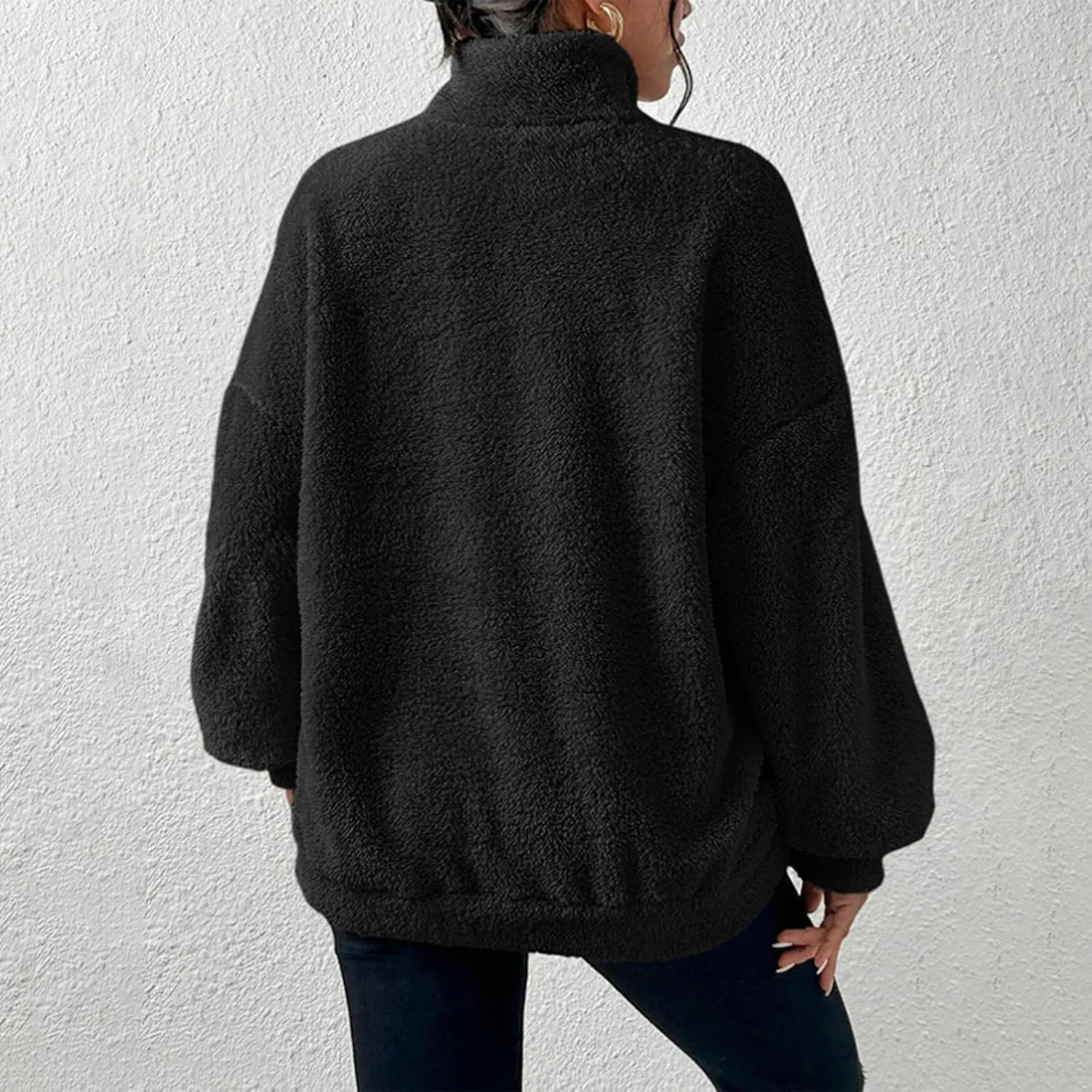 Quarter Zip Pullover Women Fuzzy Fleece Half Zip Pullover Sweatshirts Cozy Fluffy Sherpa Lined Hoodie with Pockets