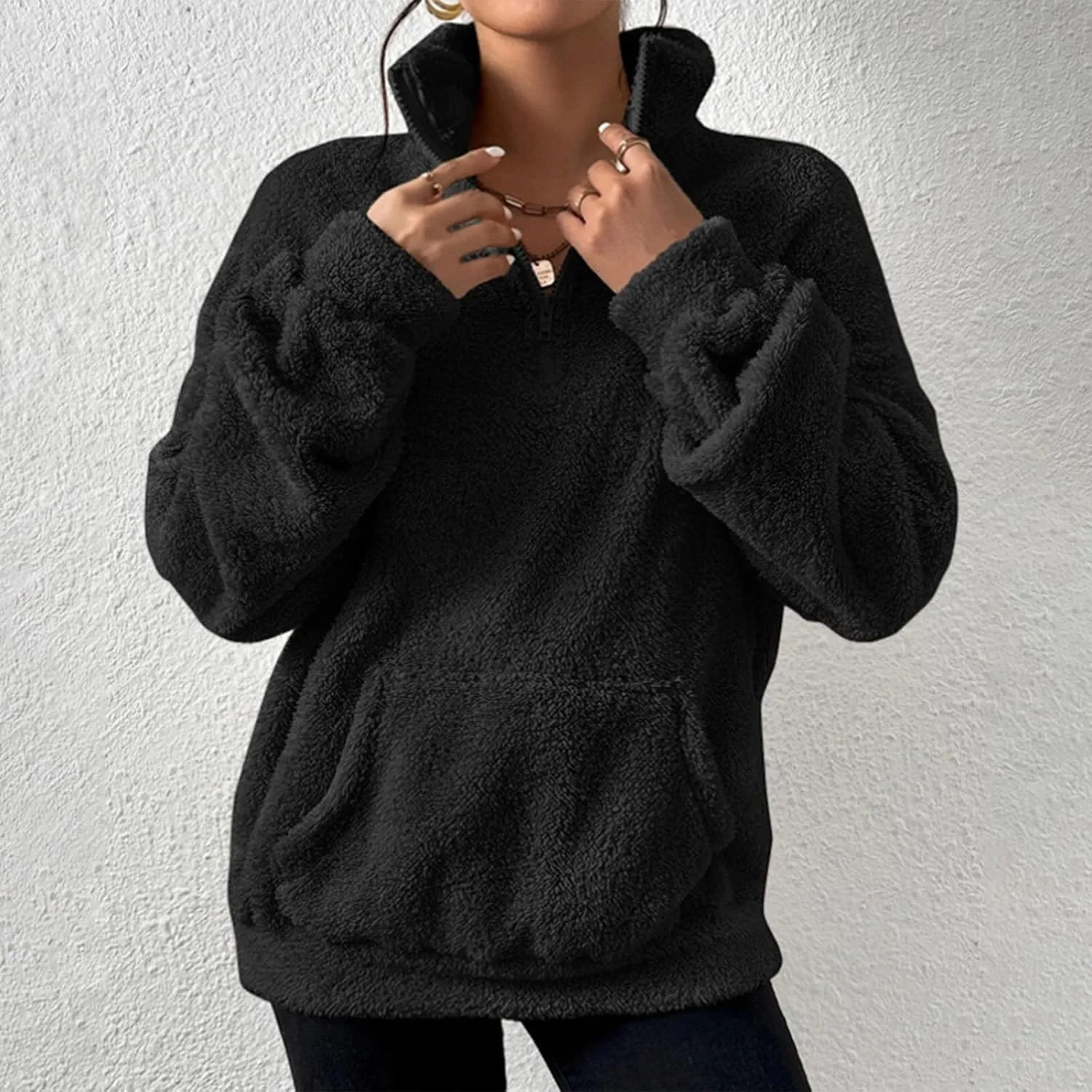 Quarter Zip Pullover Women Fuzzy Fleece Half Zip Pullover Sweatshirts Cozy Fluffy Sherpa Lined Hoodie with Pockets