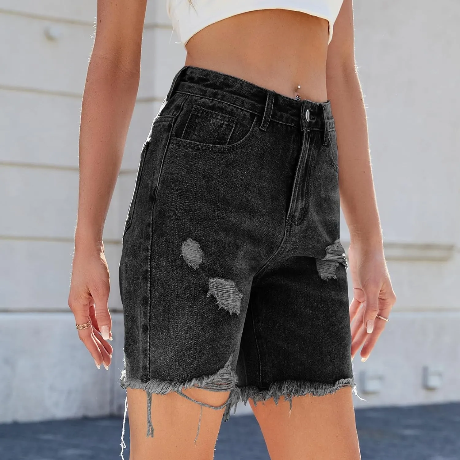 Ripped Jean Bermuda Shorts for Women Knee Length Frayed Raw Hem Denim Shorts High Waisted Stretchy Distressed Jorts