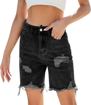 Ripped Jean Bermuda Shorts for Women Knee Length Frayed Raw Hem Denim Shorts High Waisted Stretchy Distressed Jorts