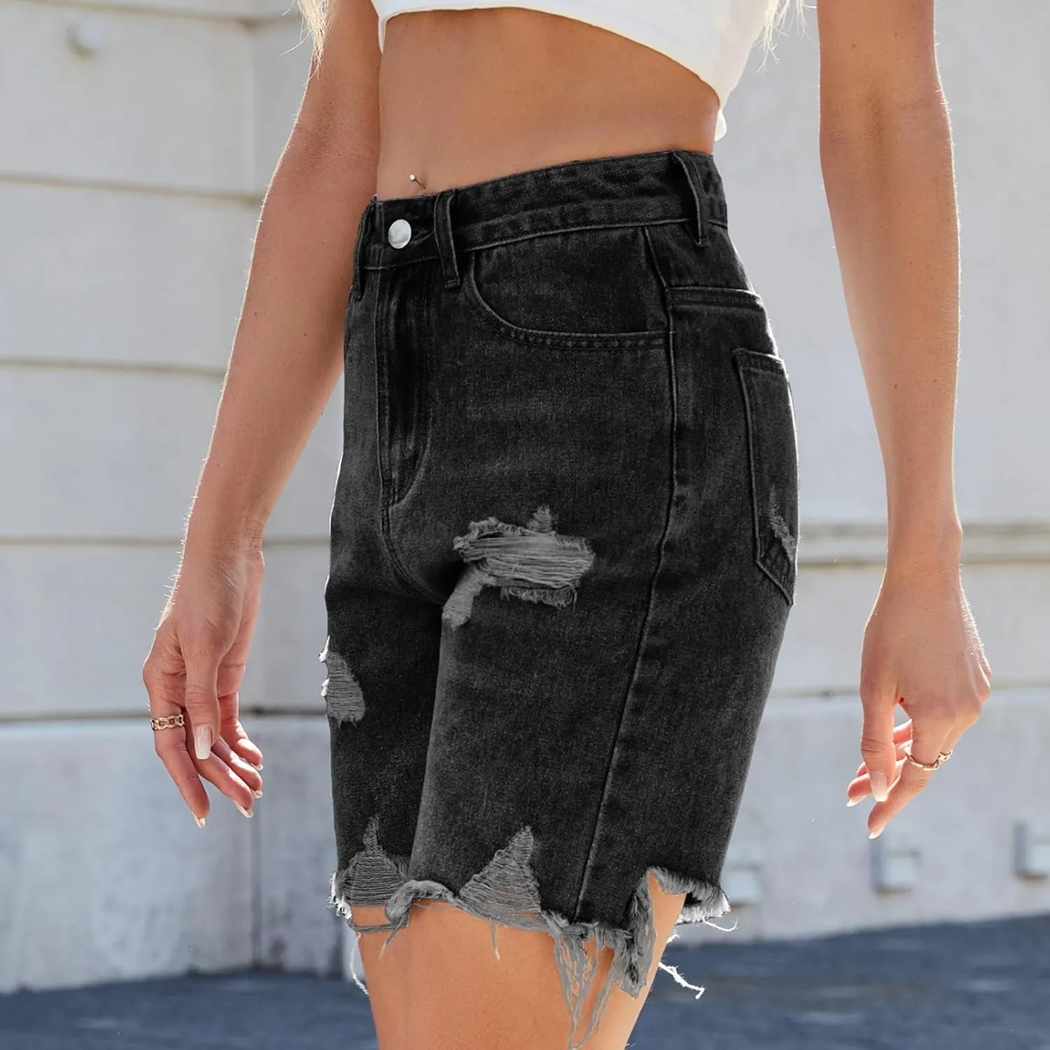Ripped Jean Bermuda Shorts for Women Knee Length Frayed Raw Hem Denim Shorts High Waisted Stretchy Distressed Jorts
