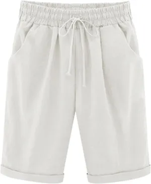 Rvidbe Womens Bermuda Shorts Women's Summer Casual Cotton Elastic Drawstring Long Linen Walk Shorts with Pockets Bermuda Shorts for Women Denim Shorts for Women High Waisted