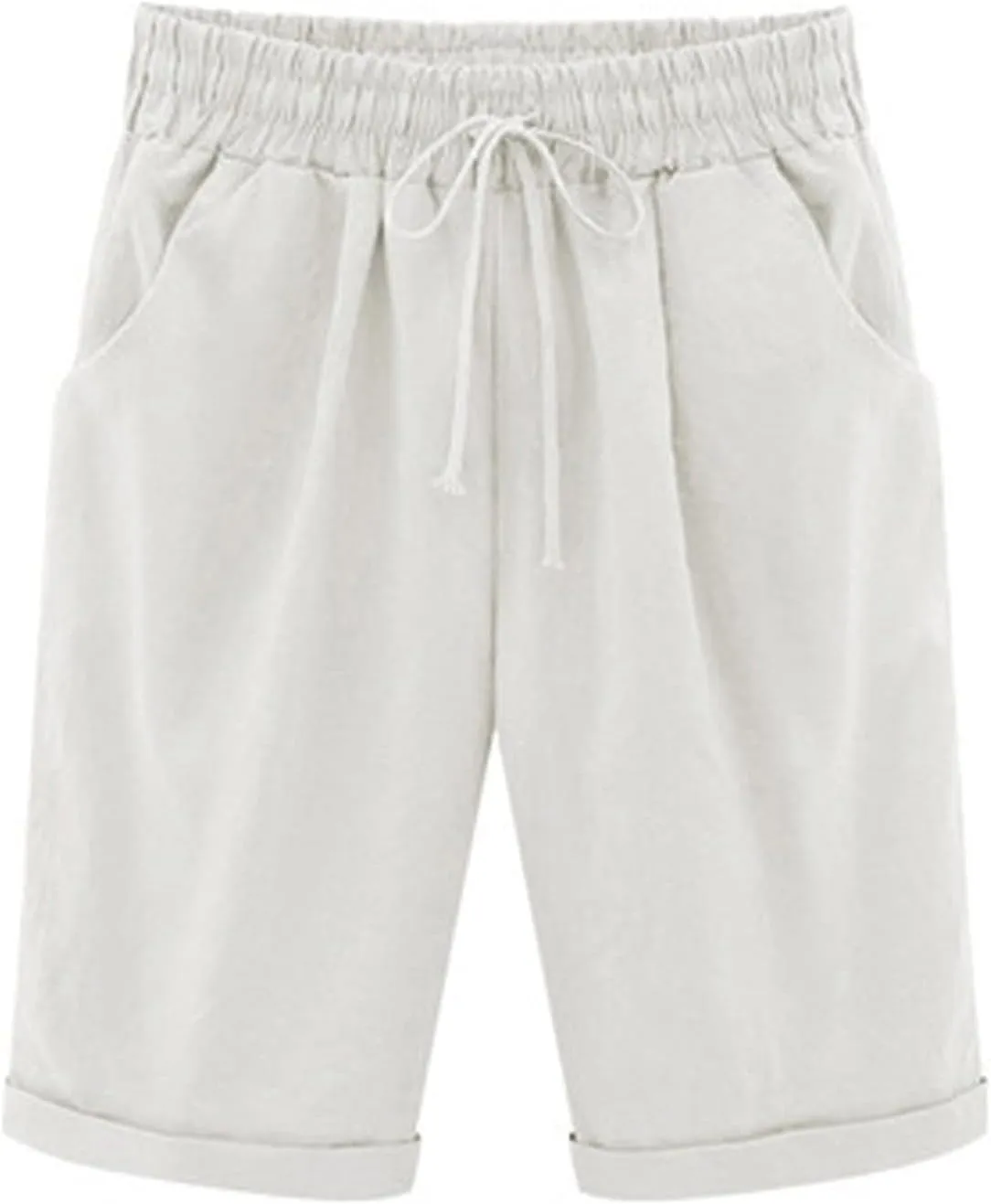 Rvidbe Womens Bermuda Shorts Women's Summer Casual Cotton Elastic Drawstring Long Linen Walk Shorts with Pockets Bermuda Shorts for Women Denim Shorts for Women High Waisted