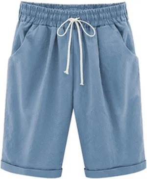 Rvidbe Womens Bermuda Shorts Women's Summer Casual Cotton Elastic Drawstring Long Linen Walk Shorts with Pockets Bermuda Shorts for Women Knee Length Plus Size Shorts for Women High Waisted