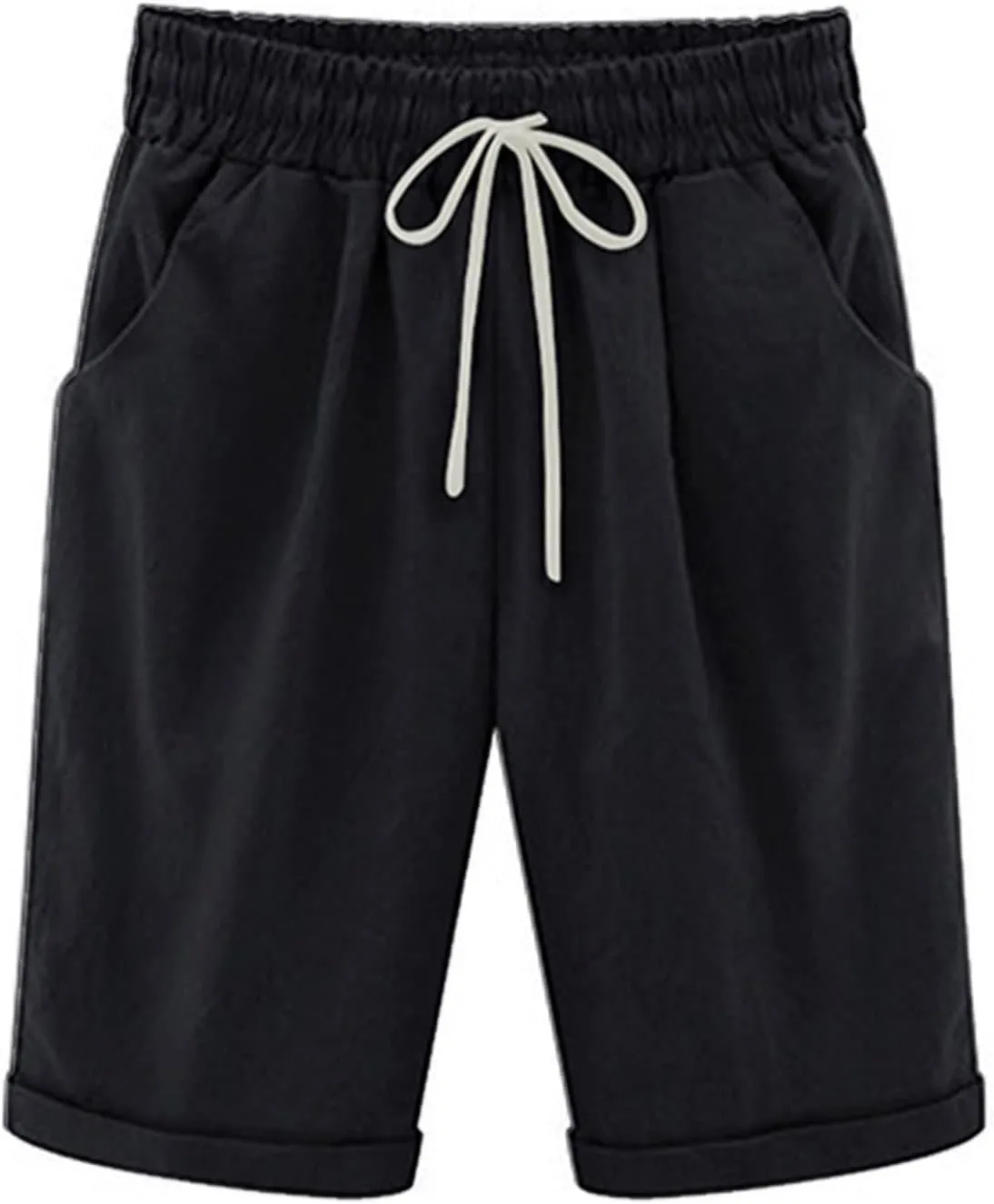 Rvidbe Womens Bermuda Shorts Women's Summer Casual Cotton Elastic Drawstring Long Linen Walk Shorts with Pockets Bermuda Shorts for Women Plus Size Casual Summer Shorts for Women High Waisted
