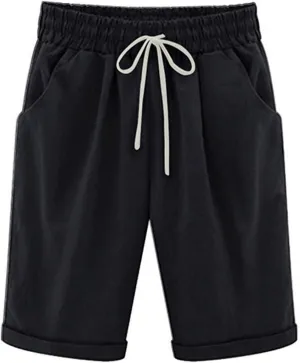 Rvidbe Womens Bermuda Shorts Women's Summer Casual Cotton Elastic Drawstring Long Linen Walk Shorts with Pockets Bermuda Shorts for Women Plus Size Casual Summer Shorts for Women High Waisted