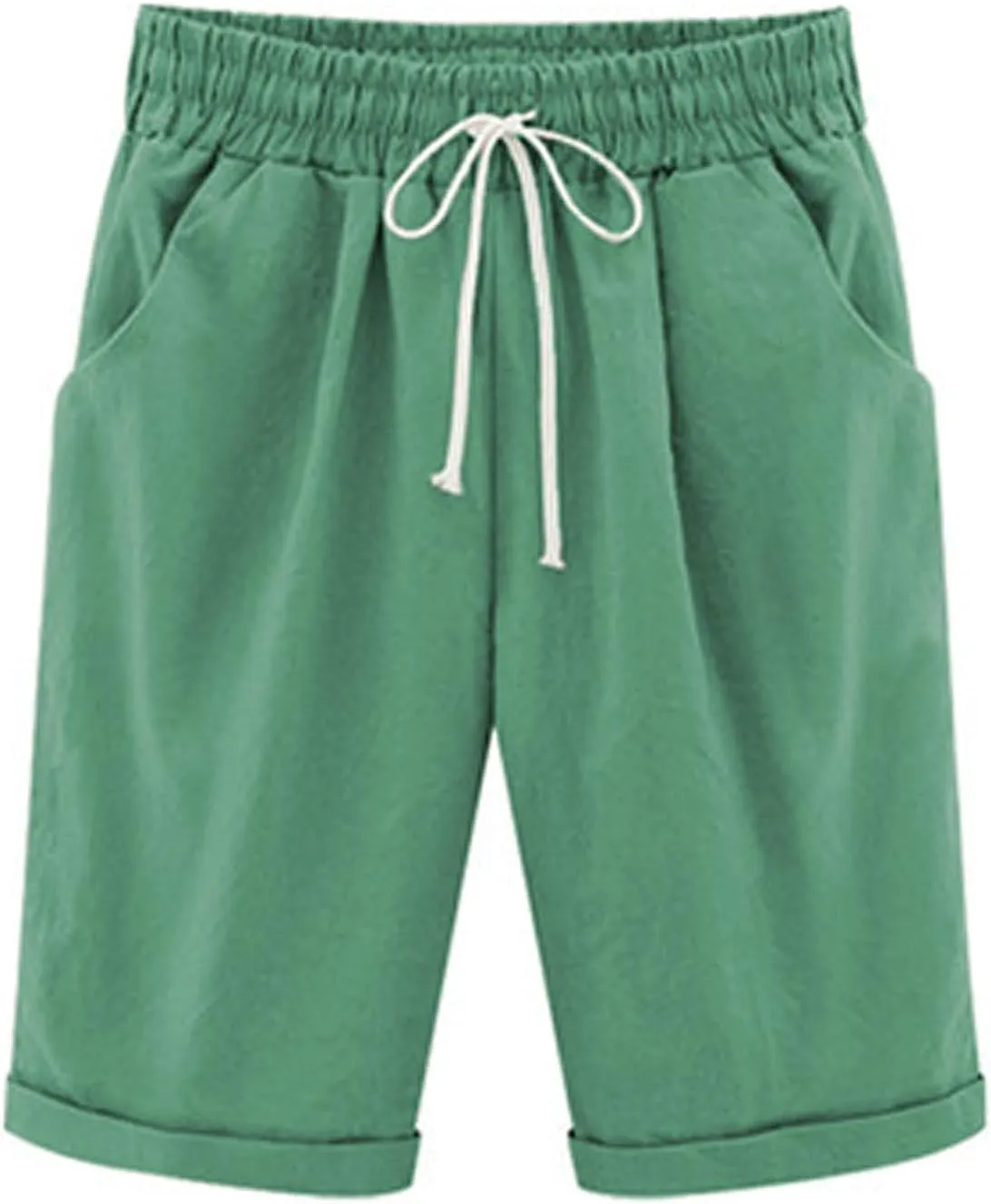 Rvidbe Womens Bermuda Shorts Women's Summer Casual Cotton Elastic Drawstring Long Linen Walk Shorts with Pockets Denim Bermuda Shorts for Women Knee Length Shorts for Women High Waisted