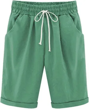 Rvidbe Womens Bermuda Shorts Women's Summer Casual Cotton Elastic Drawstring Long Linen Walk Shorts with Pockets Denim Bermuda Shorts for Women Knee Length Shorts for Women High Waisted
