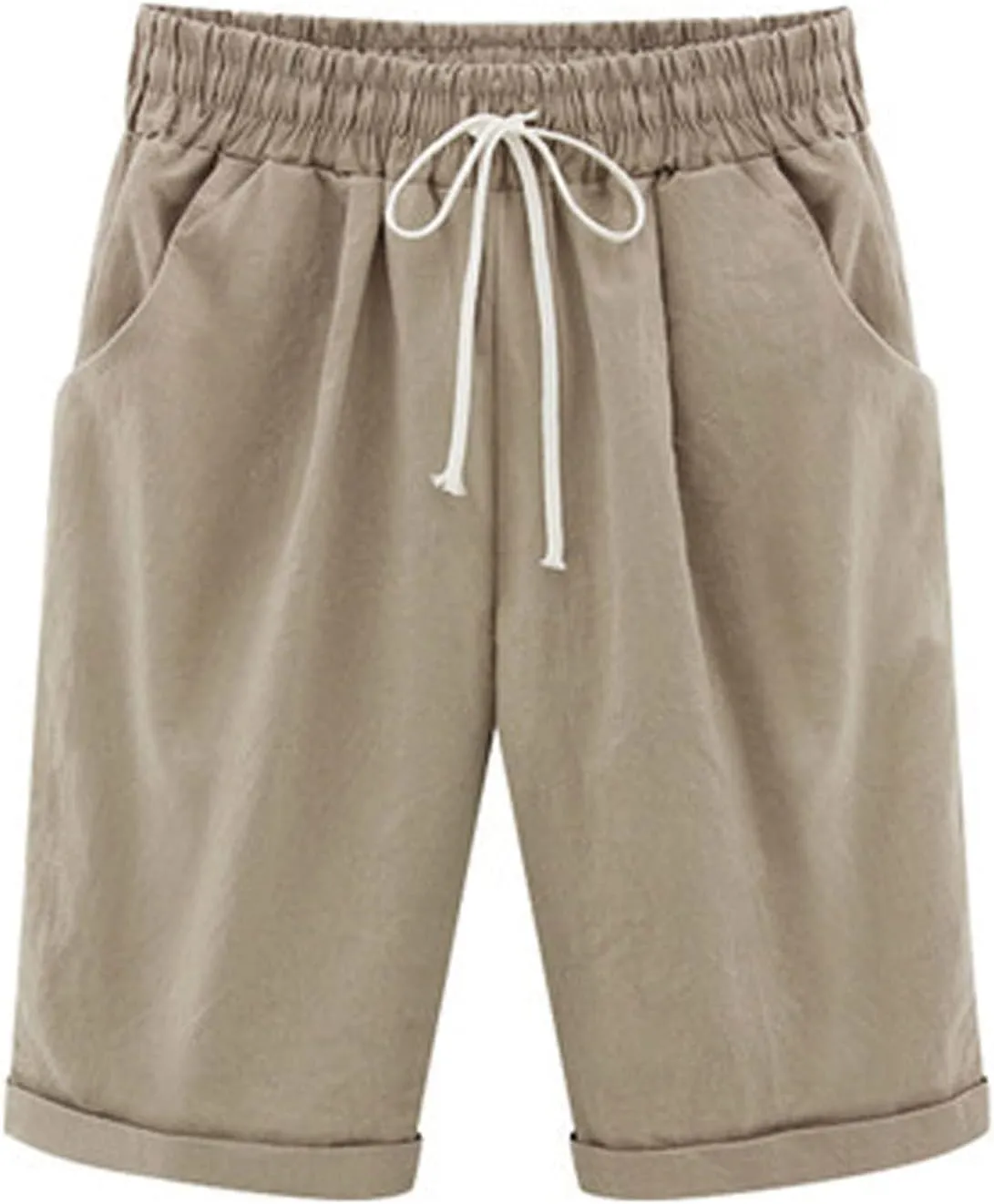 Rvidbe Womens Bermuda Shorts Women's Summer Casual Cotton Elastic Drawstring Long Linen Walk Shorts with Pockets Womens Bermuda Shorts High Waisted Workout Shorts Womens