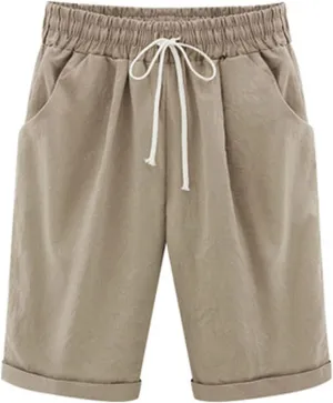 Rvidbe Womens Bermuda Shorts Women's Summer Casual Cotton Elastic Drawstring Long Linen Walk Shorts with Pockets Womens Bermuda Shorts High Waisted Workout Shorts Womens