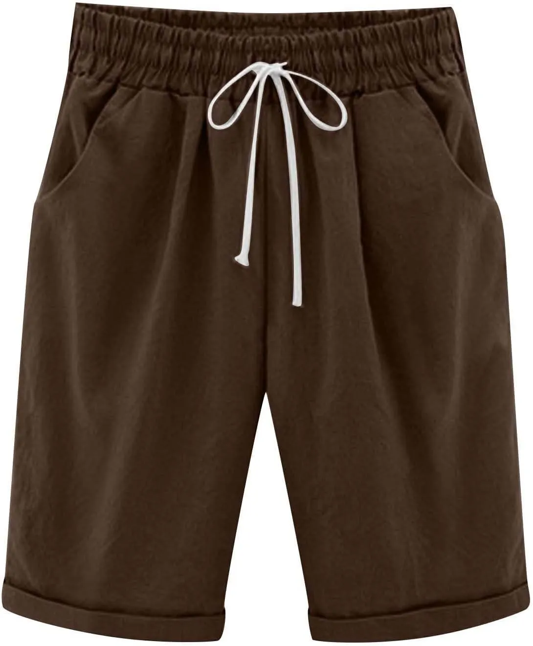 Rvidbe Women's Casual Summer Bermuda Shorts Drawstring Elastic Waist Long Linen Walk Short Knee Length with Pockets Denim Bermuda Shorts for Women Knee Length Shorts for Women High Waisted