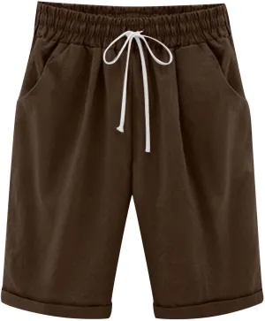 Rvidbe Women's Casual Summer Bermuda Shorts Drawstring Elastic Waist Long Linen Walk Short Knee Length with Pockets Denim Bermuda Shorts for Women Knee Length Shorts for Women High Waisted