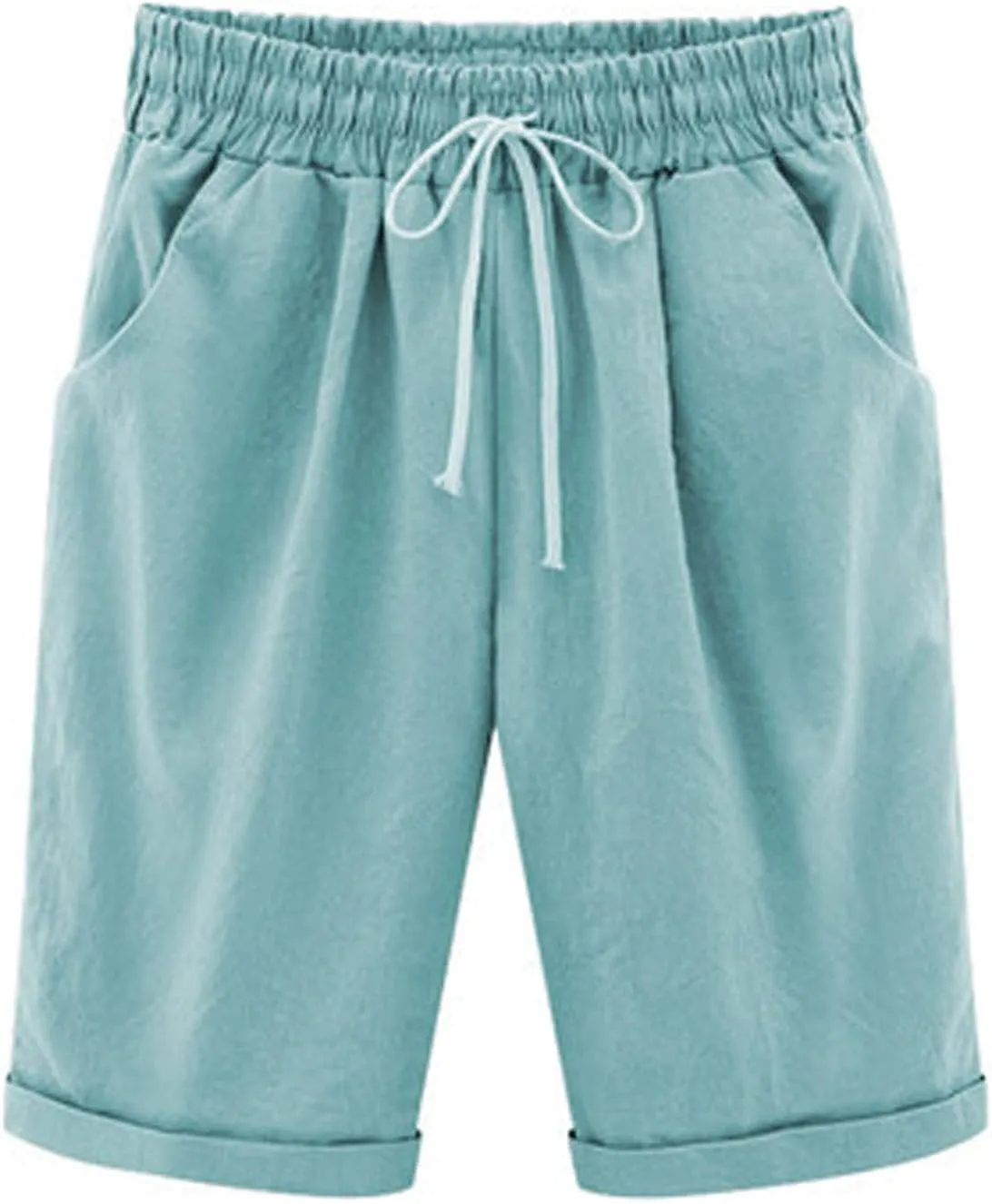 Rvidbe Women's Casual Summer Bermuda Shorts Drawstring Elastic Waist Long Linen Walk Short Knee Length with Pockets Denim Bermuda Shorts for Women Knee Length Shorts for Women High Waisted
