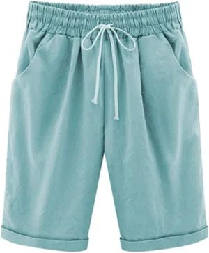Rvidbe Women's Casual Summer Bermuda Shorts Drawstring Elastic Waist Long Linen Walk Short Knee Length with Pockets Denim Bermuda Shorts for Women Knee Length Shorts for Women High Waisted