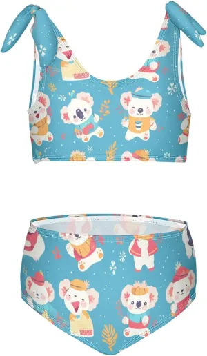 Seamless Cartoon Koala Bear Girls' 2 Piecing Bikini Sets Beach Swimsuit Swimming Suits Adjustable Shoulder Strap