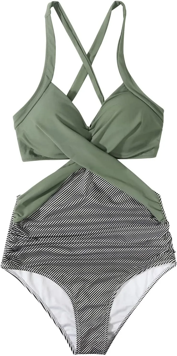 Sexy One Piece Swimsuit for Women Tummy Control V Neck Wrap Swimwear Trendy High Waist Cutout Bathing Suits Plus Size