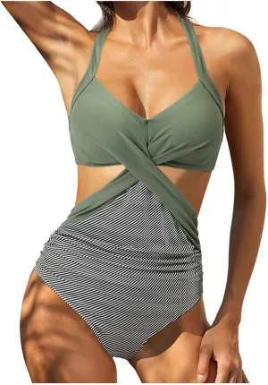 Sexy One Piece Swimsuit for Women Tummy Control V Neck Wrap Swimwear Trendy High Waist Cutout Bathing Suits Plus Size