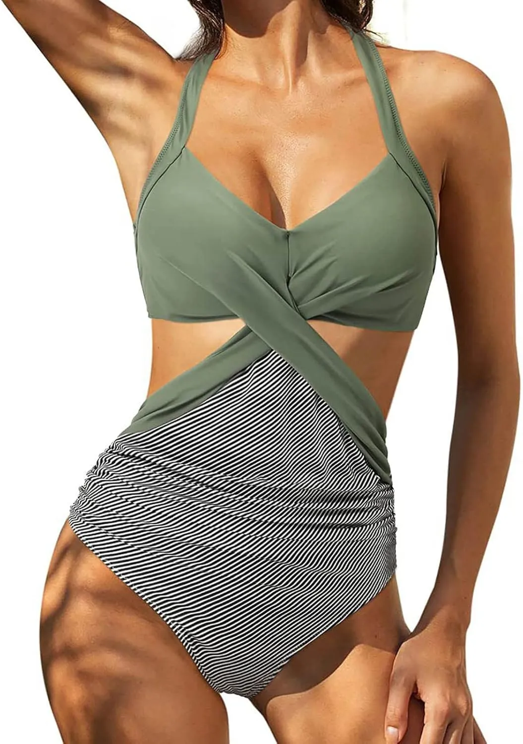 Sexy One Piece Swimsuit for Women Tummy Control V Neck Wrap Swimwear Trendy High Waist Cutout Bathing Suits Plus Size