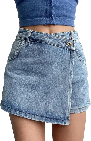 Skorts Skirts for Women Denim Mini Skirt Side Slit with High Waisted Jean Shorts Stretchy Gym Shorts with Pockets