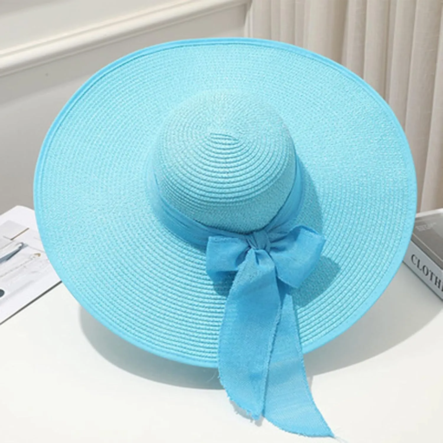 Straw Hat Women Beach Sun Hats Leisure Summer Travel Beach Cap Vacation UPF50 Foldable Wide Brim Hat Floppy Straw