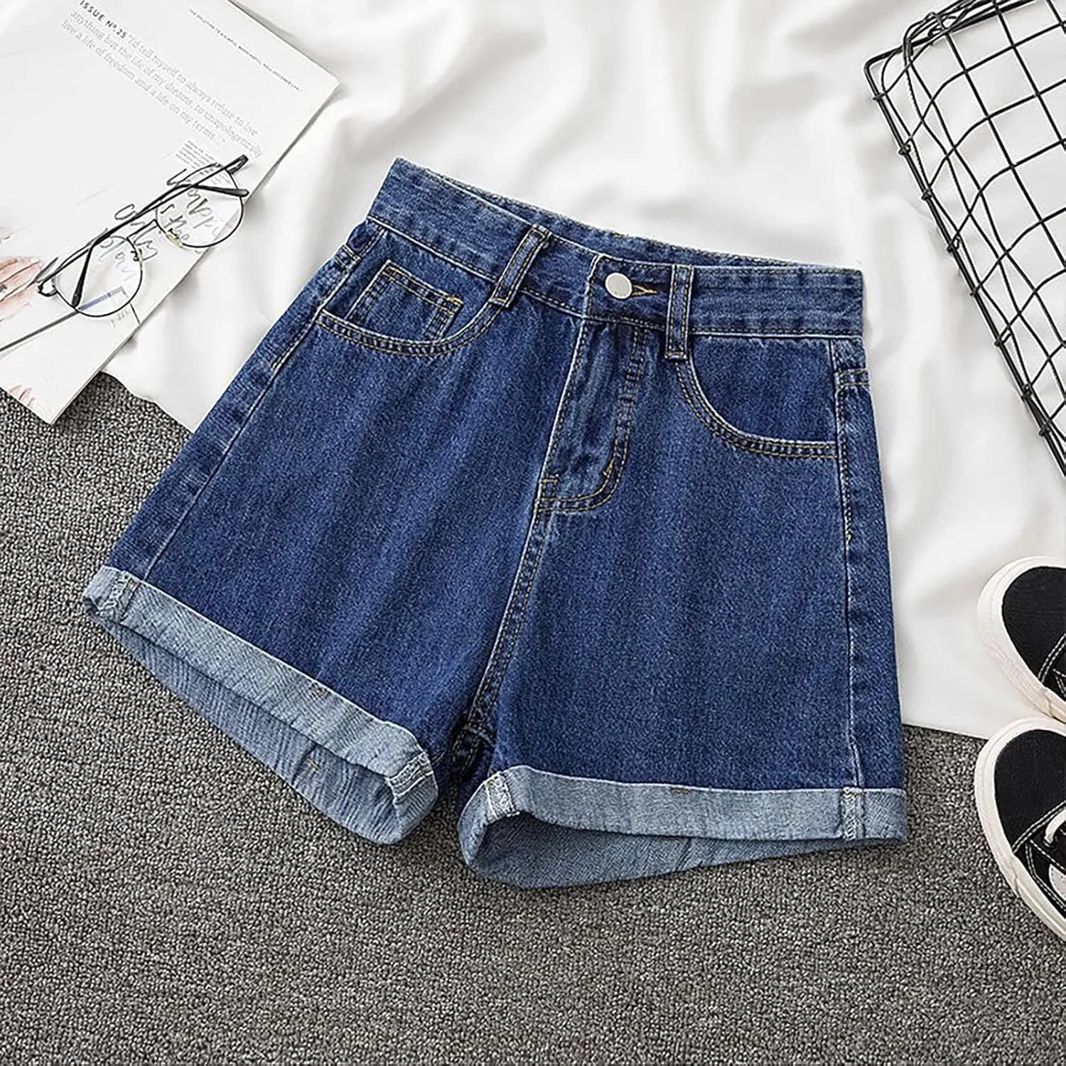 Stretchy Jean Shorts for Women High Waisted Rolled Hem Denim Short Baggy Casual Trendy Summer Jorts Short with Pocket