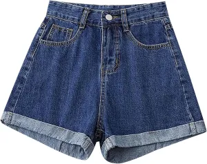 Stretchy Jean Shorts for Women High Waisted Rolled Hem Denim Short Baggy Casual Trendy Summer Jorts Short with Pocket