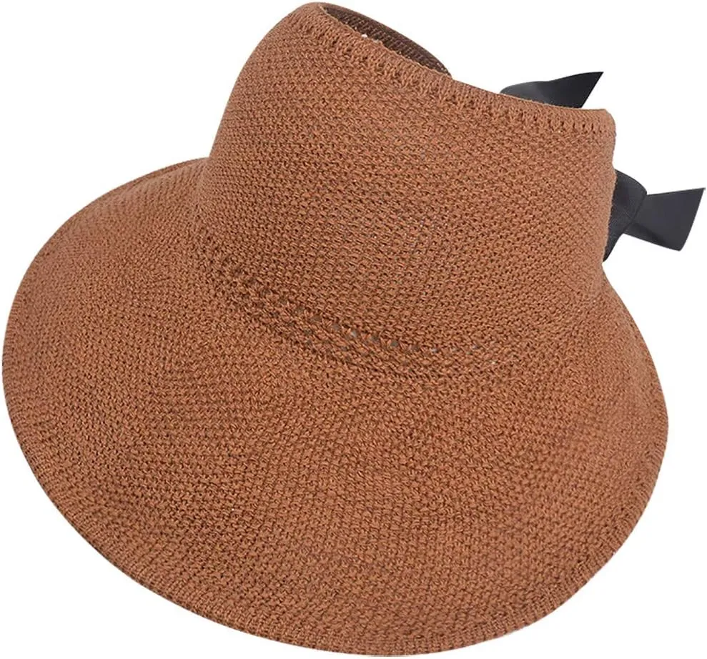 Summer Straw Roll Up Ponytail hat Ladies Wide-Brimmed Beach hat UV Protection Sun Visor Hats for Women Bowknot Floppy Sun hat