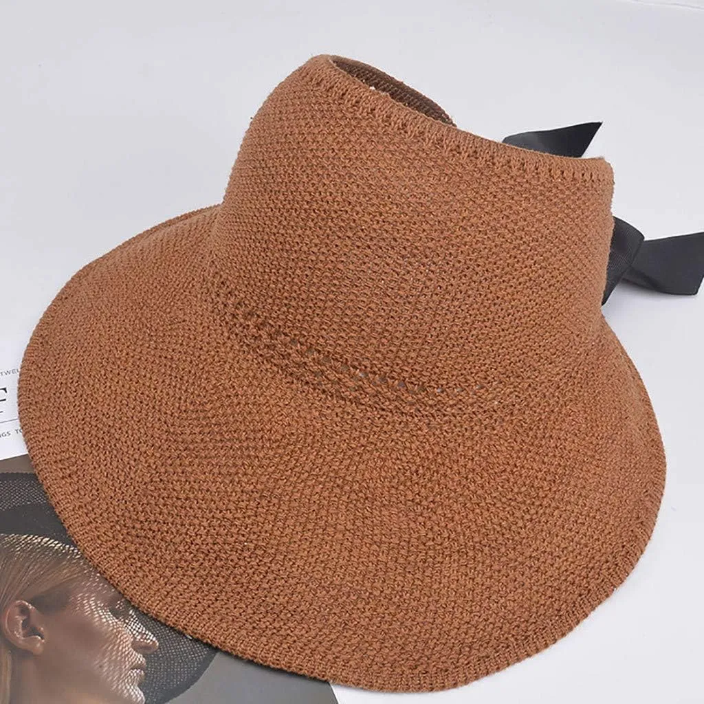 Summer Straw Roll Up Ponytail hat Ladies Wide-Brimmed Beach hat UV Protection Sun Visor Hats for Women Bowknot Floppy Sun hat