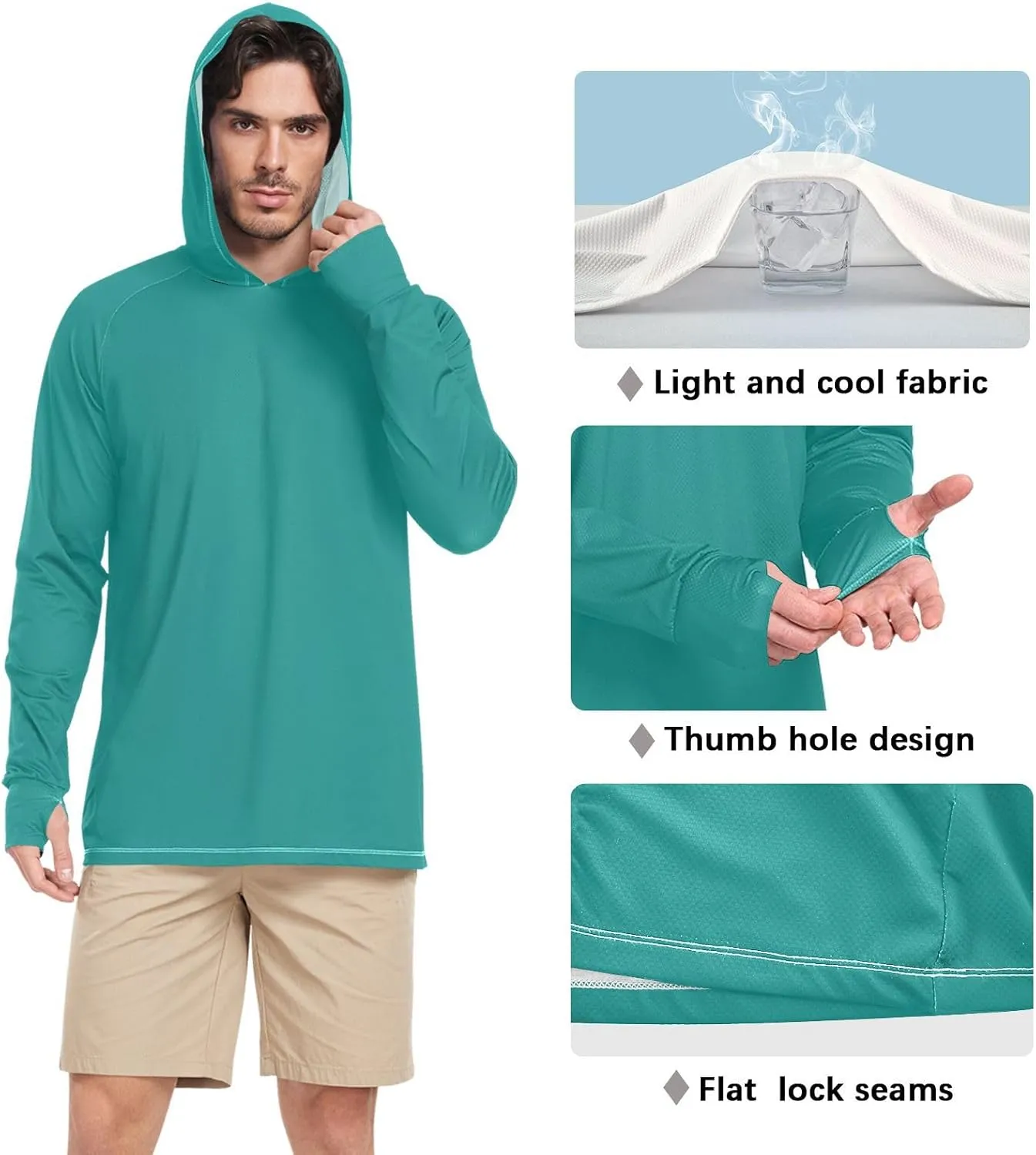 Sun Protective Hooded Shirts, Men Long Sleeve t Shirts Quick Dry, Light Running Hoodies for Men, Turquoise Blue Glitter S
