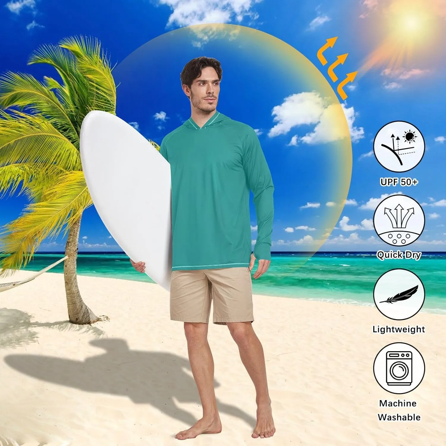Sun Protective Hooded Shirts, Men Long Sleeve t Shirts Quick Dry, Light Running Hoodies for Men, Turquoise Blue Glitter S