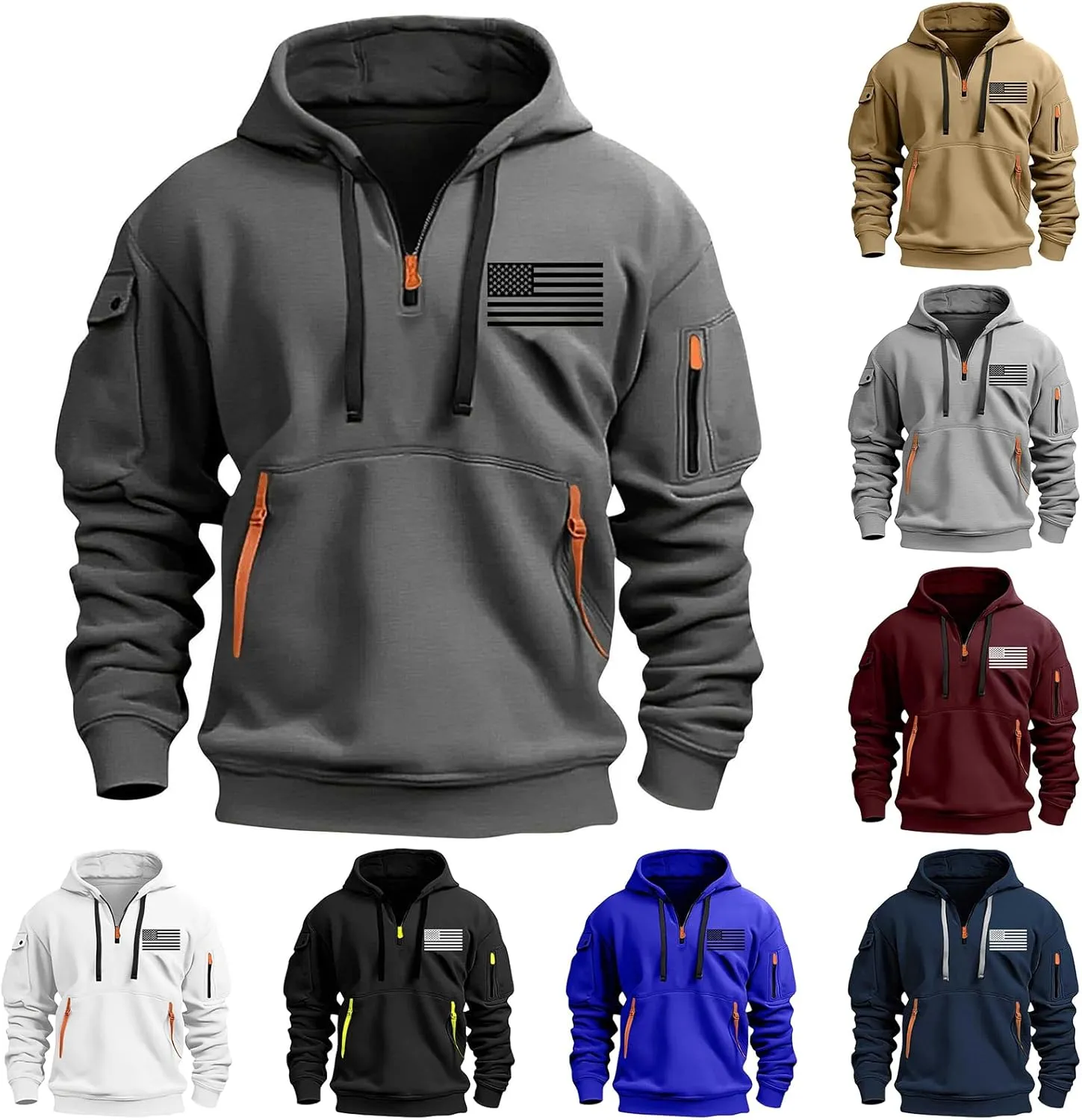 Tactical Hoodies for Men Quarter Zip Pullover Sweatshirts USA Flag Graphic Pullover Long Sleeve Tactical Shirt Tops