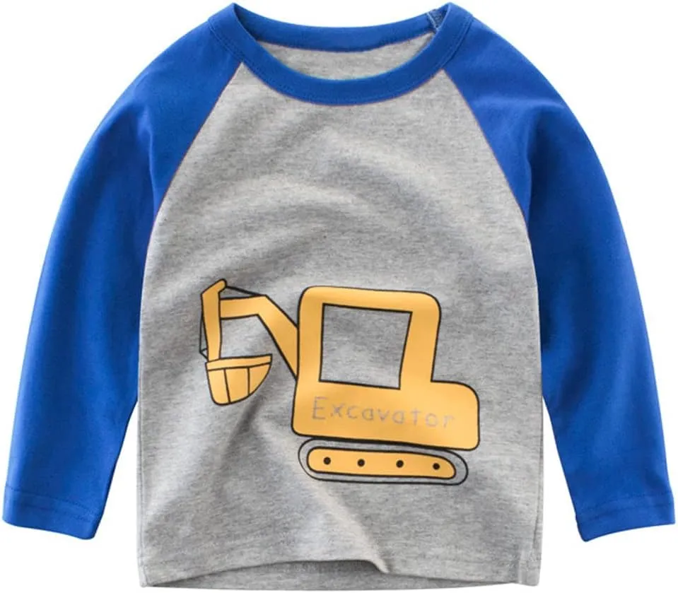 Toddler Boys 3-Pack Long Sleeve Excavator T-Shirt 100% Cotton Basic Tops Car Shirt