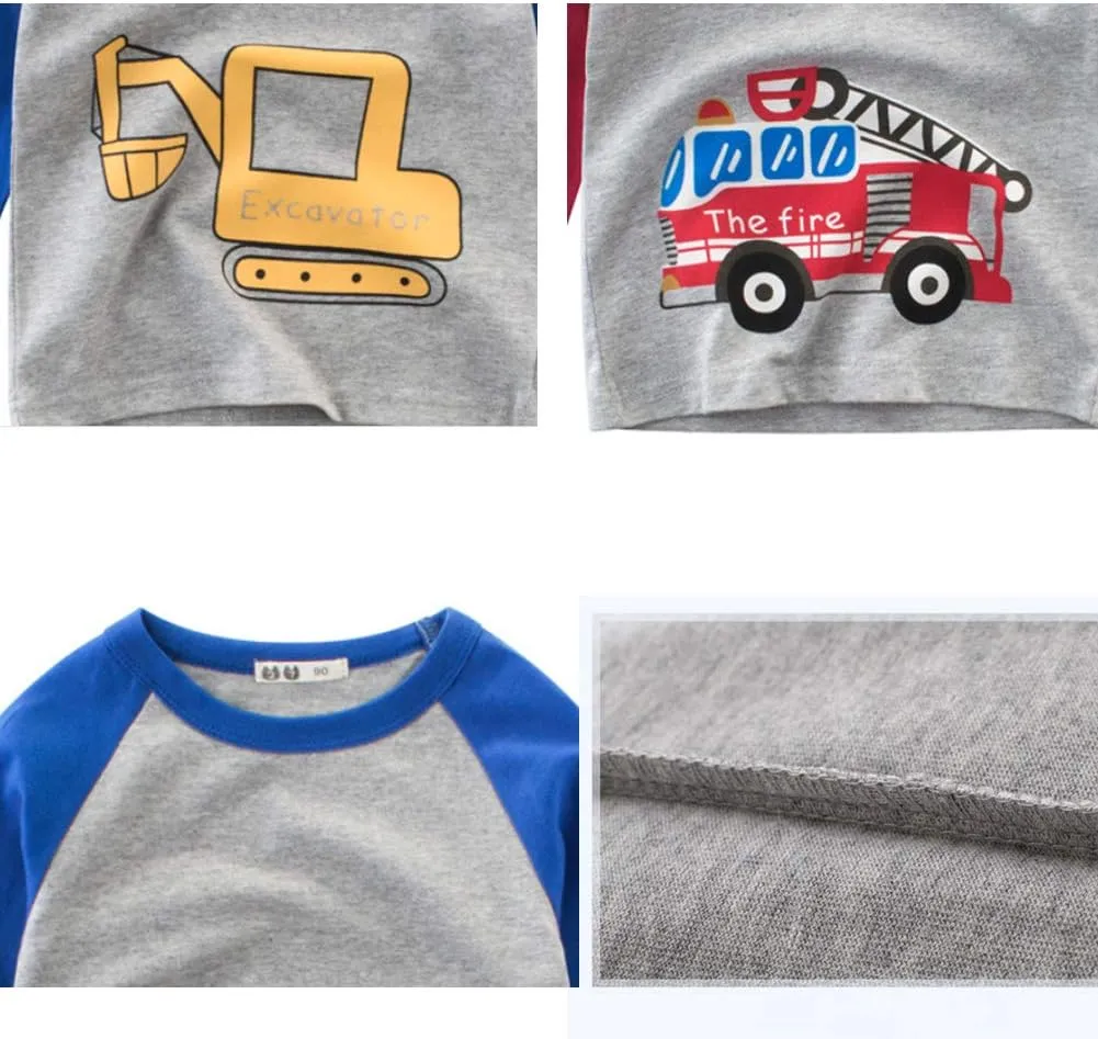 Toddler Boys 3-Pack Long Sleeve Excavator T-Shirt 100% Cotton Basic Tops Car Shirt