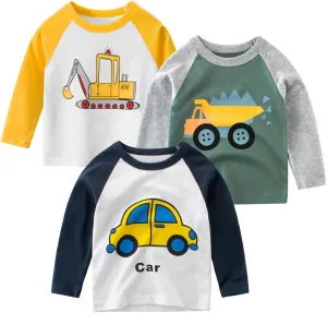 Toddler Boys 3-Pack Long Sleeve Excavator T-Shirt 100% Cotton Basic Tops Car Shirt