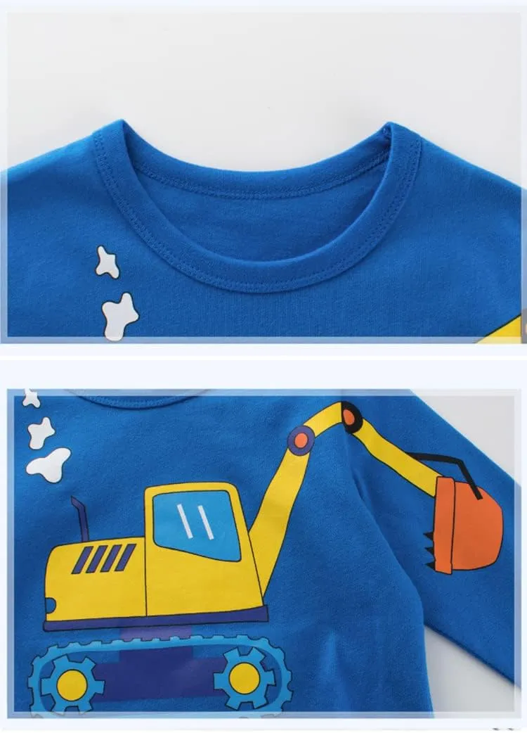 Toddler Boys 3-Pack Long Sleeve Excavator T-Shirt 100% Cotton Basic Tops Car Shirt