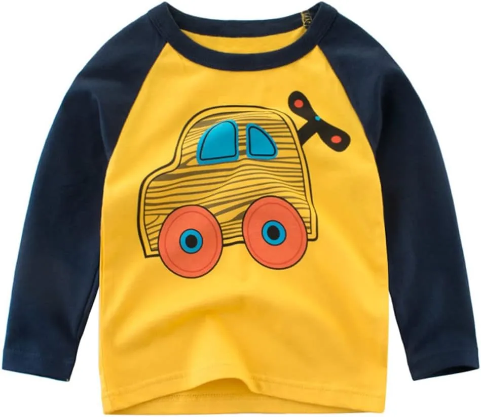 Toddler Boys 3-Pack Long Sleeve Excavator T-Shirt 100% Cotton Basic Tops Car Shirt