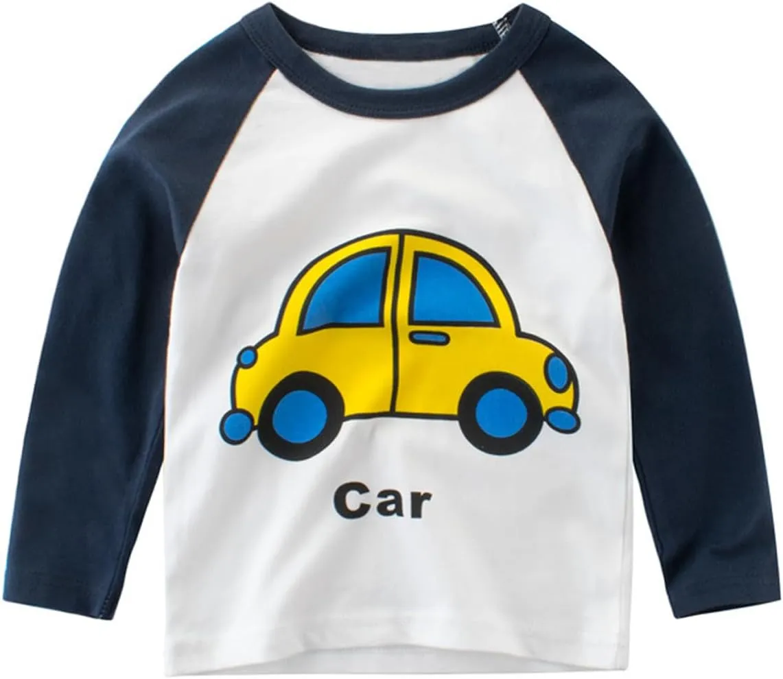 Toddler Boys 3-Pack Long Sleeve Excavator T-Shirt 100% Cotton Basic Tops Car Shirt
