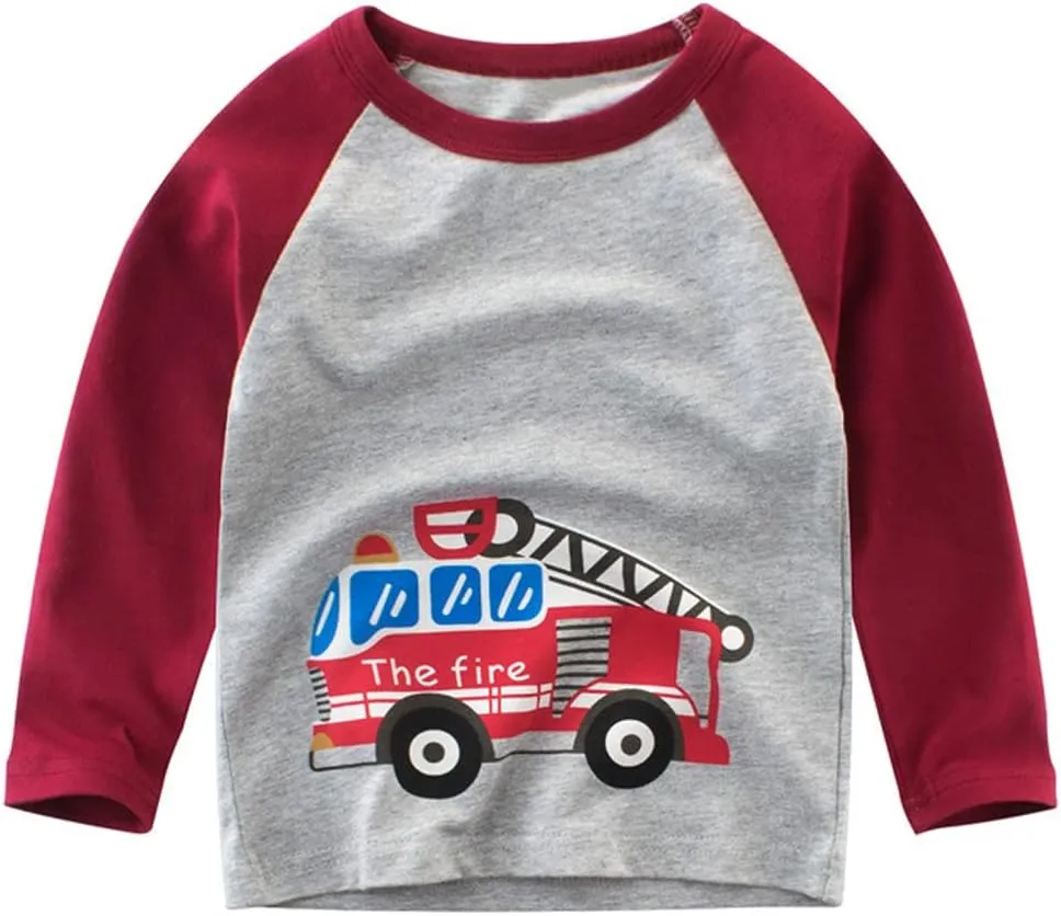 Toddler Boys 3-Pack Long Sleeve Excavator T-Shirt 100% Cotton Basic Tops Car Shirt