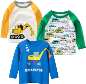 Toddler Boys 3-Pack Long Sleeve Excavator T-Shirt 100% Cotton Basic Tops Car Shirt