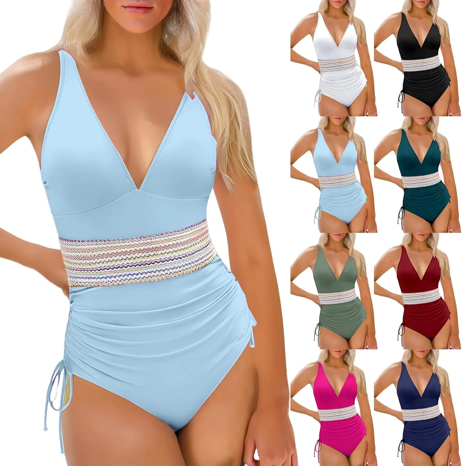 Tummy Control One Piece Swimsuits for Women V Neck Ruched Bathing Suit Color Block Drawstring Swim Suits Swimwear