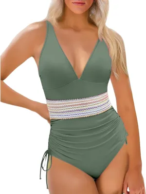 Tummy Control One Piece Swimsuits for Women V Neck Ruched Bathing Suit Color Block Drawstring Swim Suits Swimwear