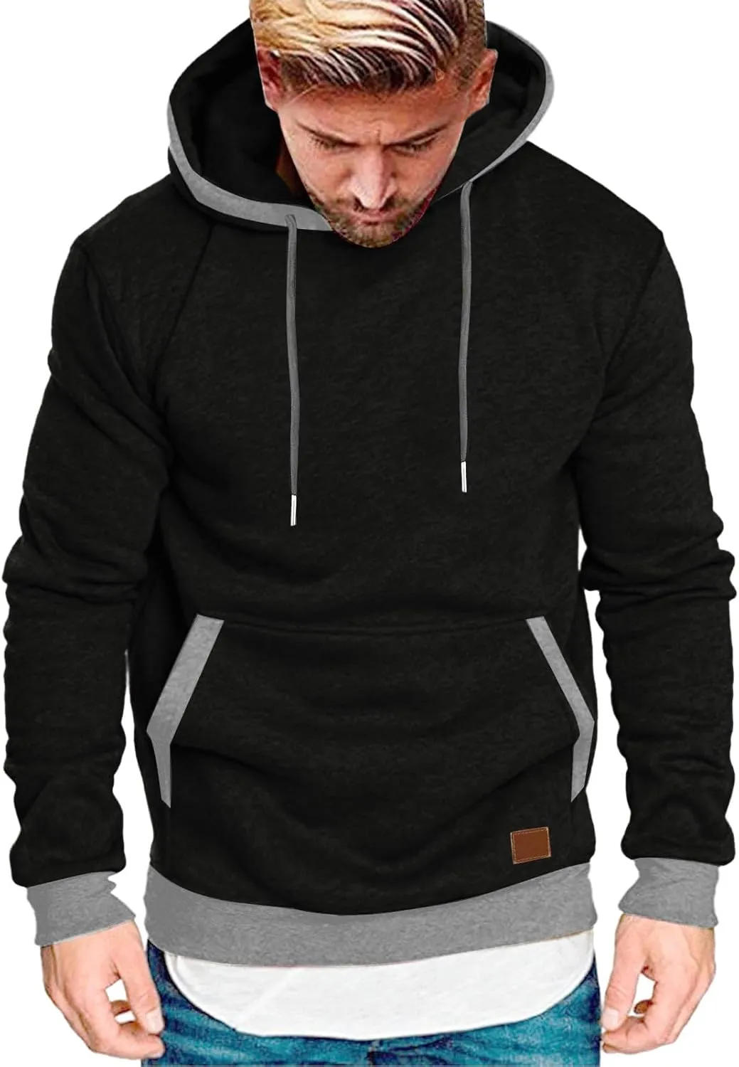 Wankang Mens Athletic Pullover Hoodies Color Block Long Sleeve Hooded Sweatshirts Casual Drawstring Tops with Kanga Pocket