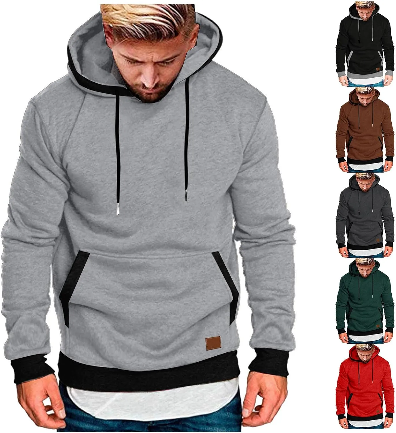 Wankang Mens Athletic Pullover Hoodies Color Block Long Sleeve Hooded Sweatshirts Casual Drawstring Tops with Kanga Pocket