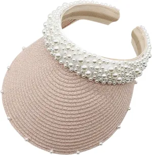Wide Brim Pearls Stra Sun Hat for Women Foldable Stra Sun Visor Hats Adjustable Summer Beach Hat
