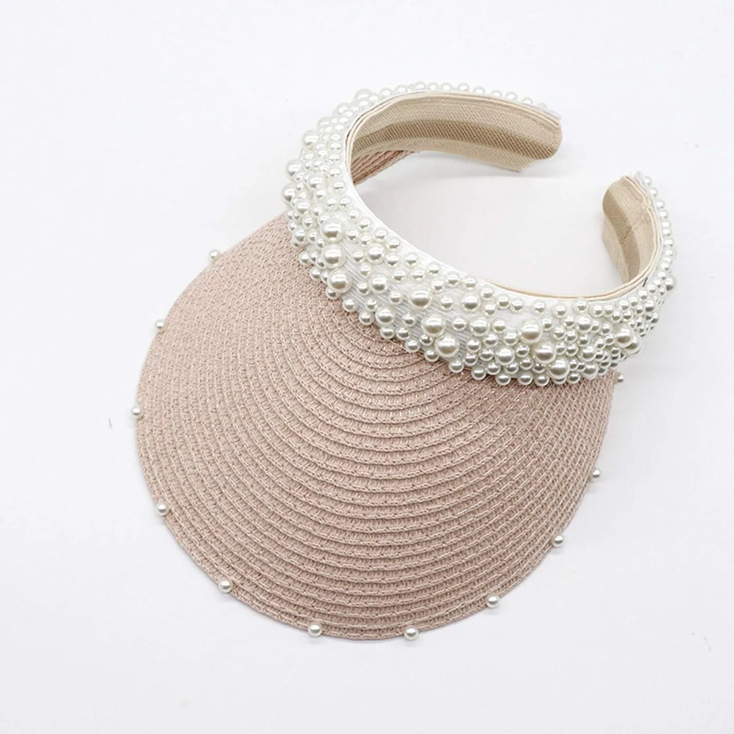 Wide Brim Pearls Stra Sun Hat for Women Foldable Stra Sun Visor Hats Adjustable Summer Beach Hat