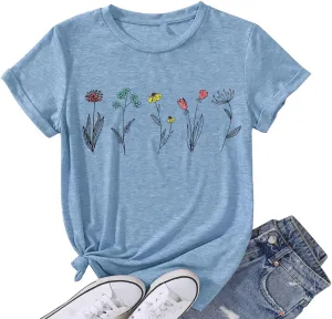 Wildflower Shirts for Women Causal Summer Flower Graphic Tees Cute Garden Plant Lover Tshirts Tops