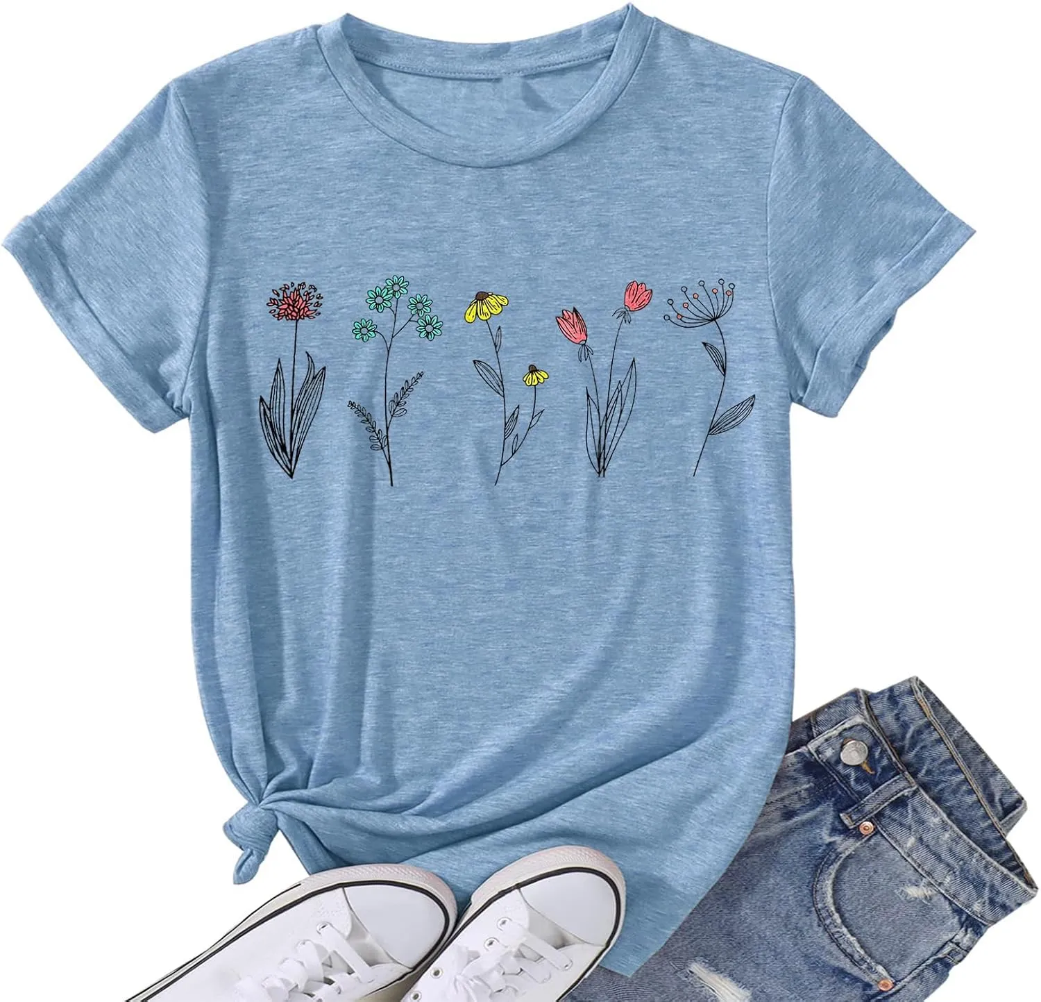 Wildflower Shirts for Women Causal Summer Flower Graphic Tees Cute Garden Plant Lover Tshirts Tops