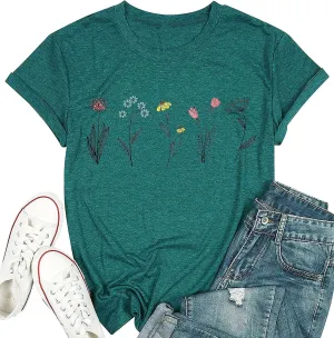 Wildflower Shirts for Women Causal Summer Flower Graphic Tees Cute Garden Plant Lover Tshirts Tops